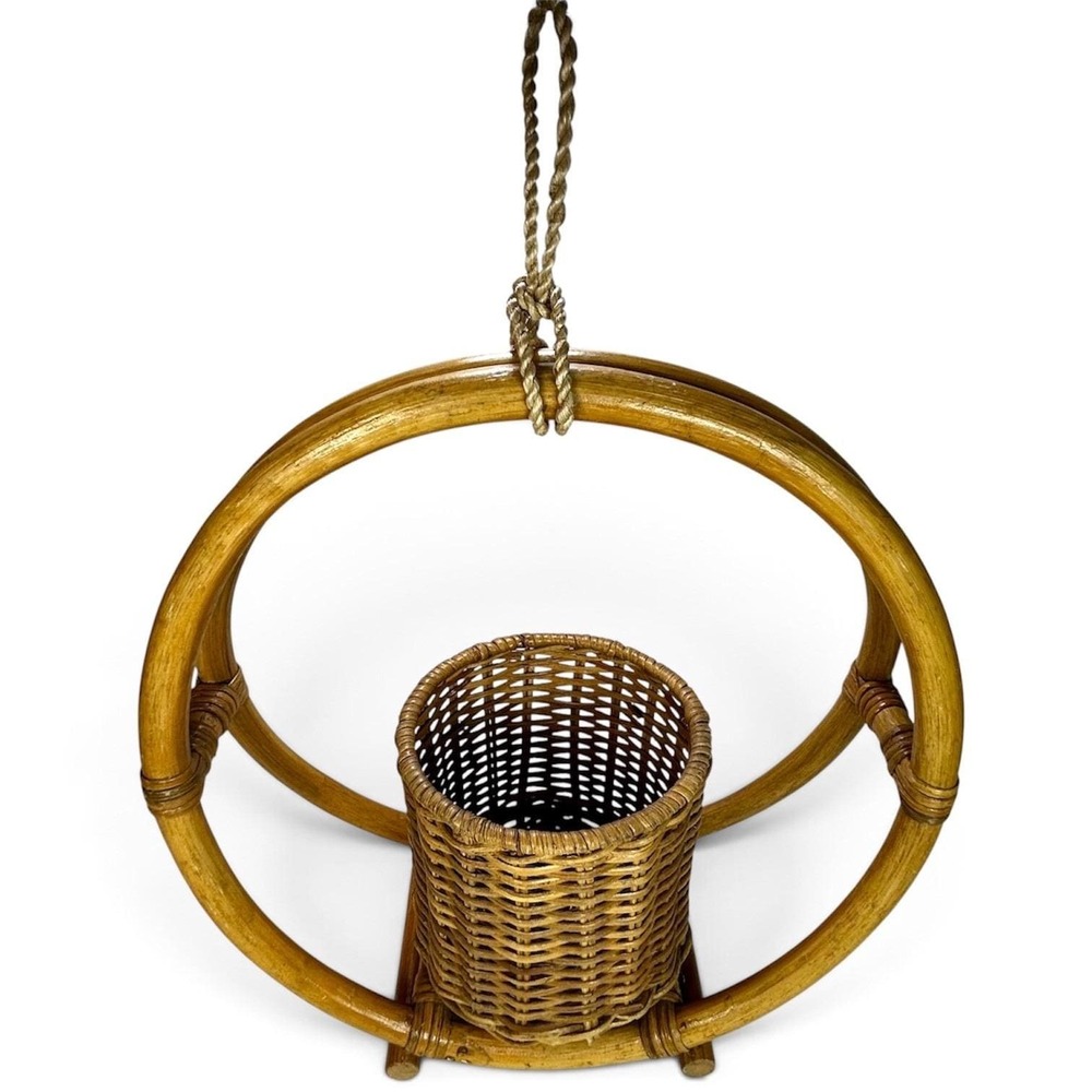 VTG Bent Bamboo Rattan Wood Hanging Basket Hoop Planter MCM/Boho 14"x 14" x 1 4"